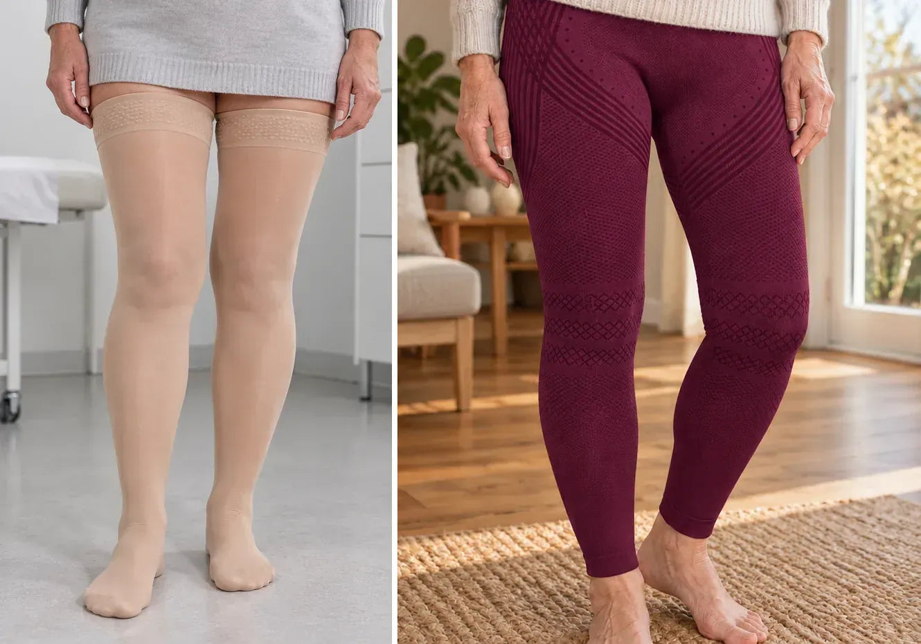Vergleich: hautfarbener Kompressionsstrumpf und CelluFlex Leggings in Schwarz, Bordeaux und Samtviolett
