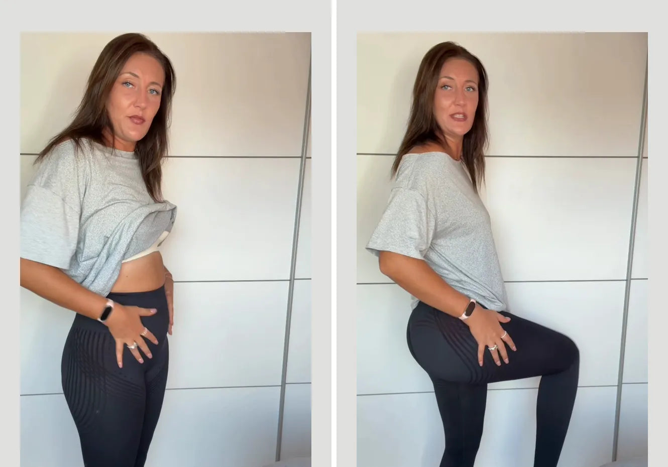 Seitenansichten von Bauch, Bund und Po einer Frau in schwarzen Leggings.