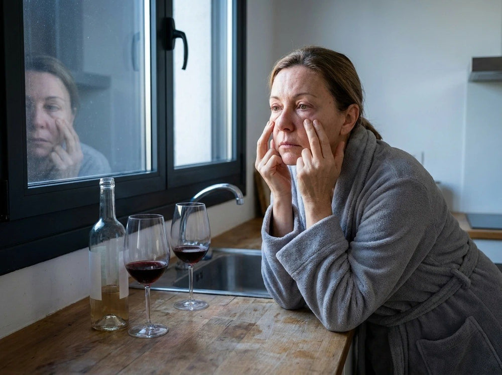 Frau am Morgen nach einem Glas Wein mit verquollenen Augen in der Küche