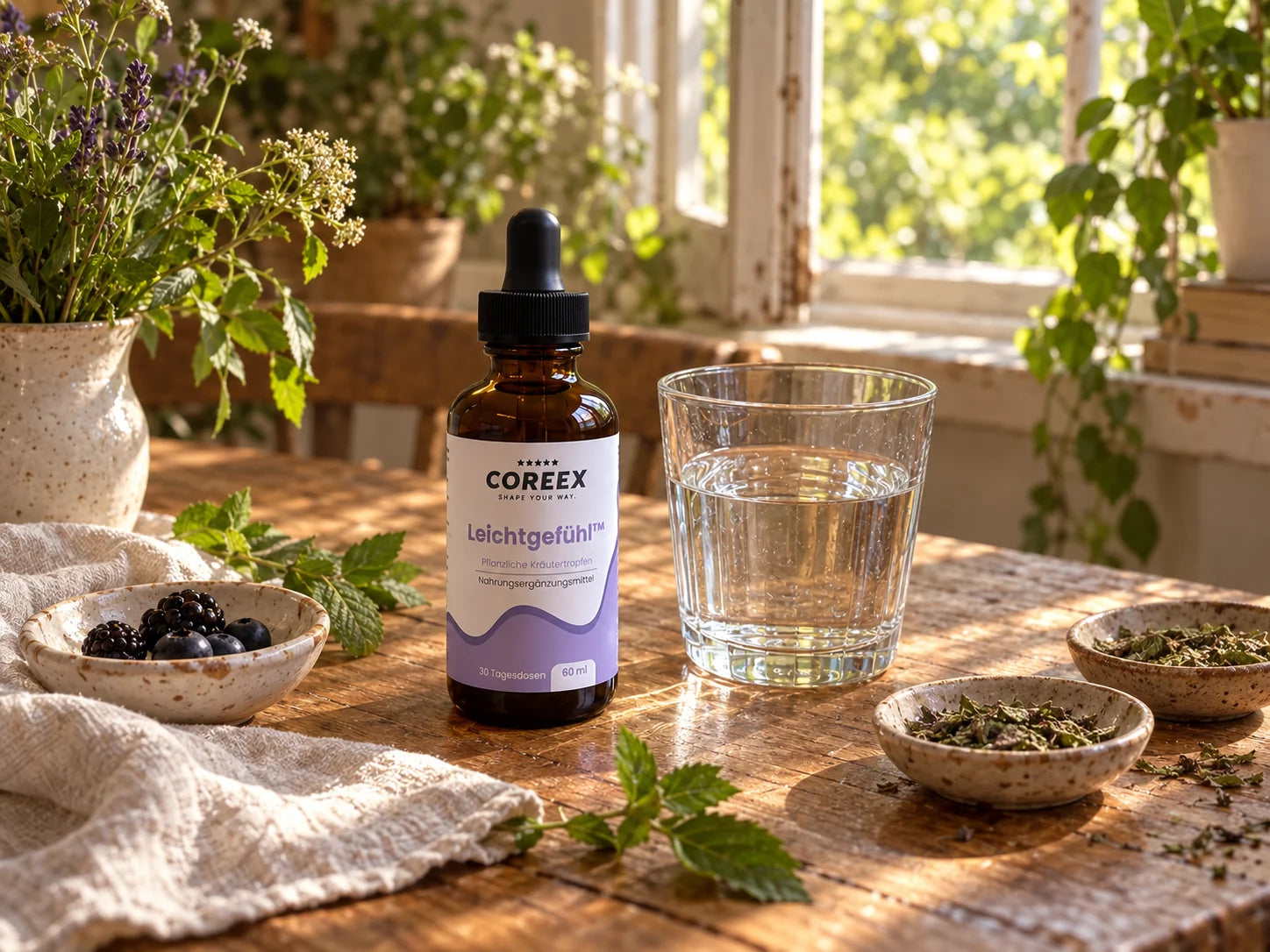 COREEX Leichtgefühl™ mit Wasserglas in einer natürlich beleuchteten Kräuterszene
