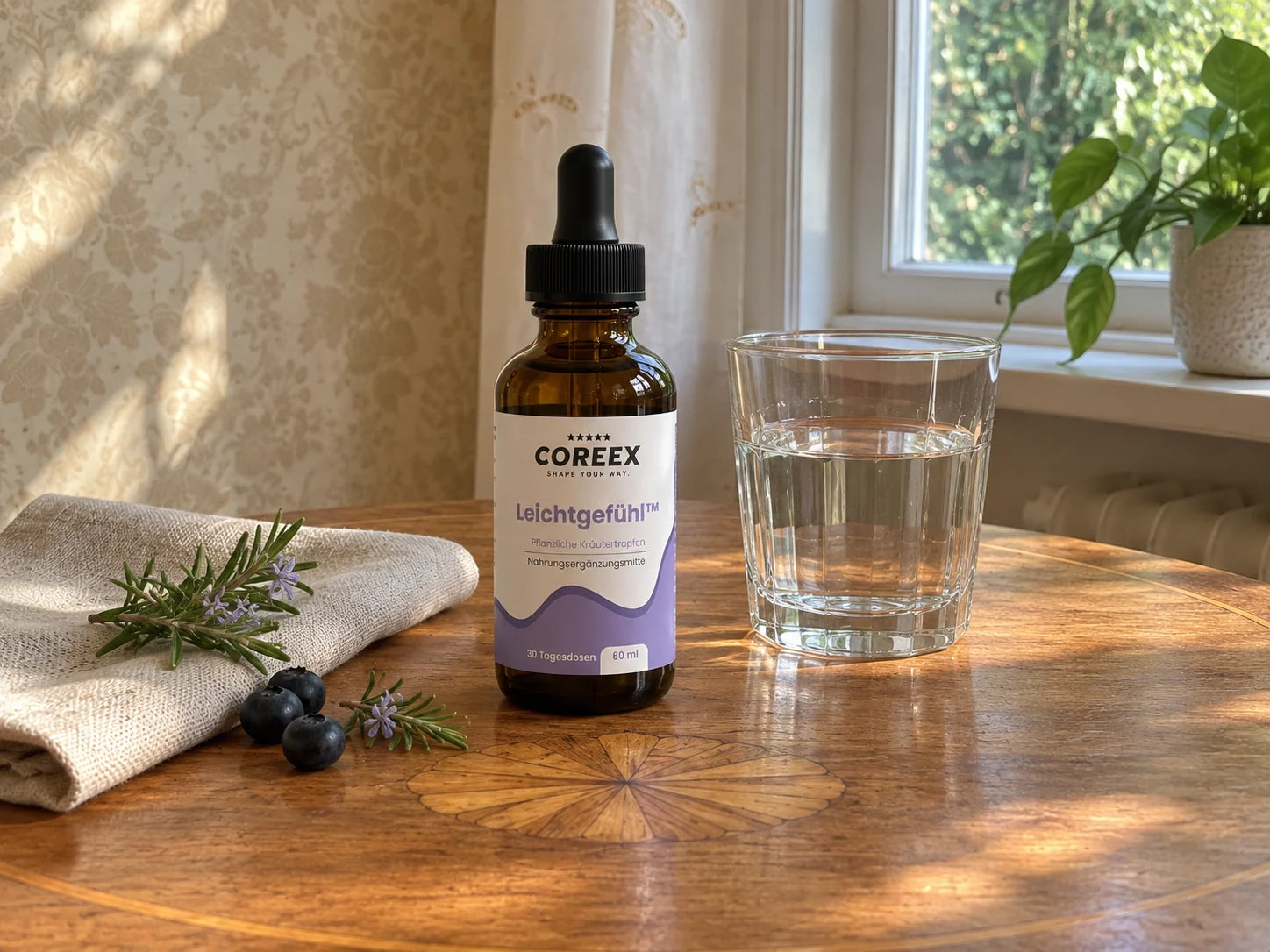 COREEX Leichtgefühl™ mit Wasserglas und Pflanzen in natürlichem Licht