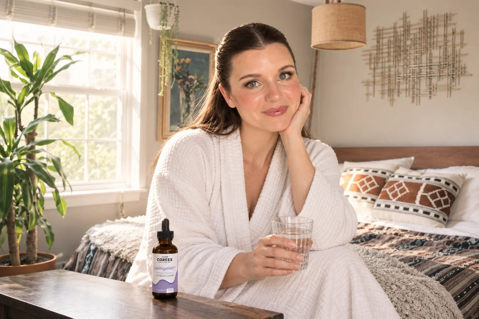 Lächelnde Frau bei ihrer Morgenroutine im hellen Schlafzimmer mit COREEX Leichtgefühl™ und einem Glas Wasser