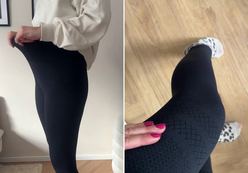 Frau in hellblauen Leggings bei Bewegung und Nahaufnahme beim Sitzen im Auto