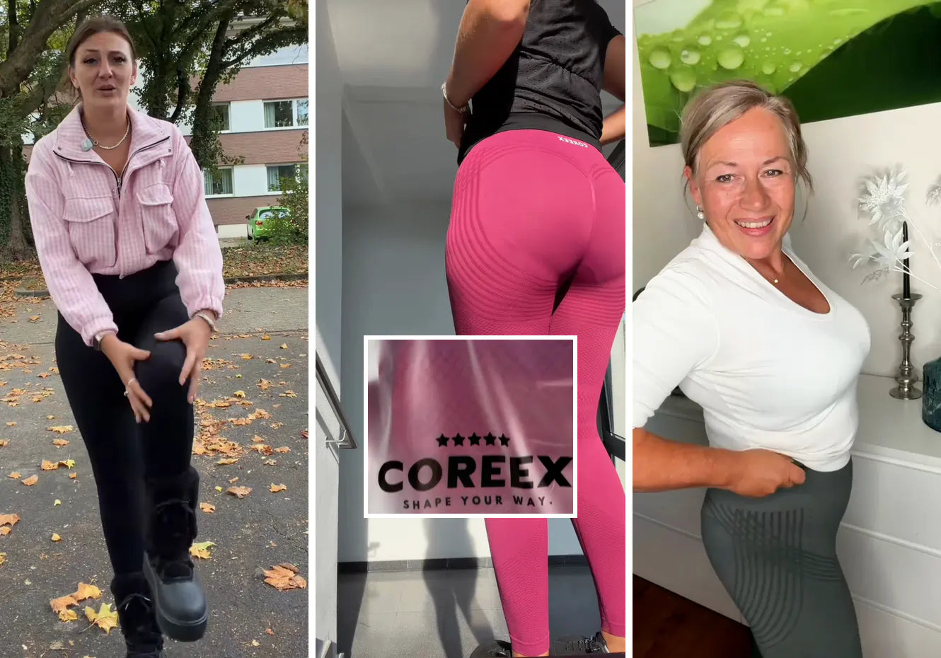 Frauen in schwarzen, bordeauxfarbenen und salbeigrünen Leggings mit COREEX Verpackung