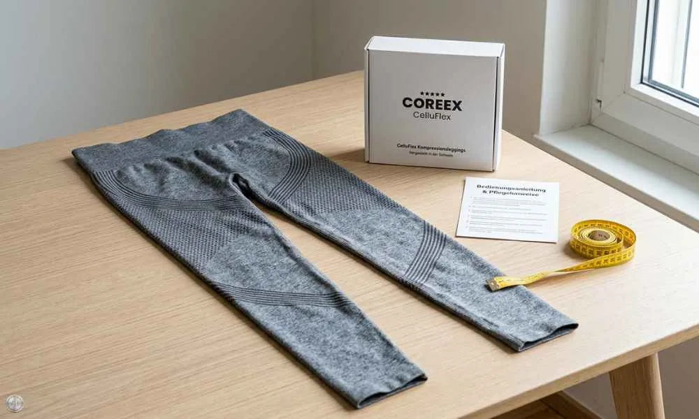 Illustration: Die COREEX CelluFlex ist die erste Leggings, die beim Abnehmen am Verbrauch ansetzt statt am Teller: 15 Stunden Tiefendruck-Aktivierung, unsi