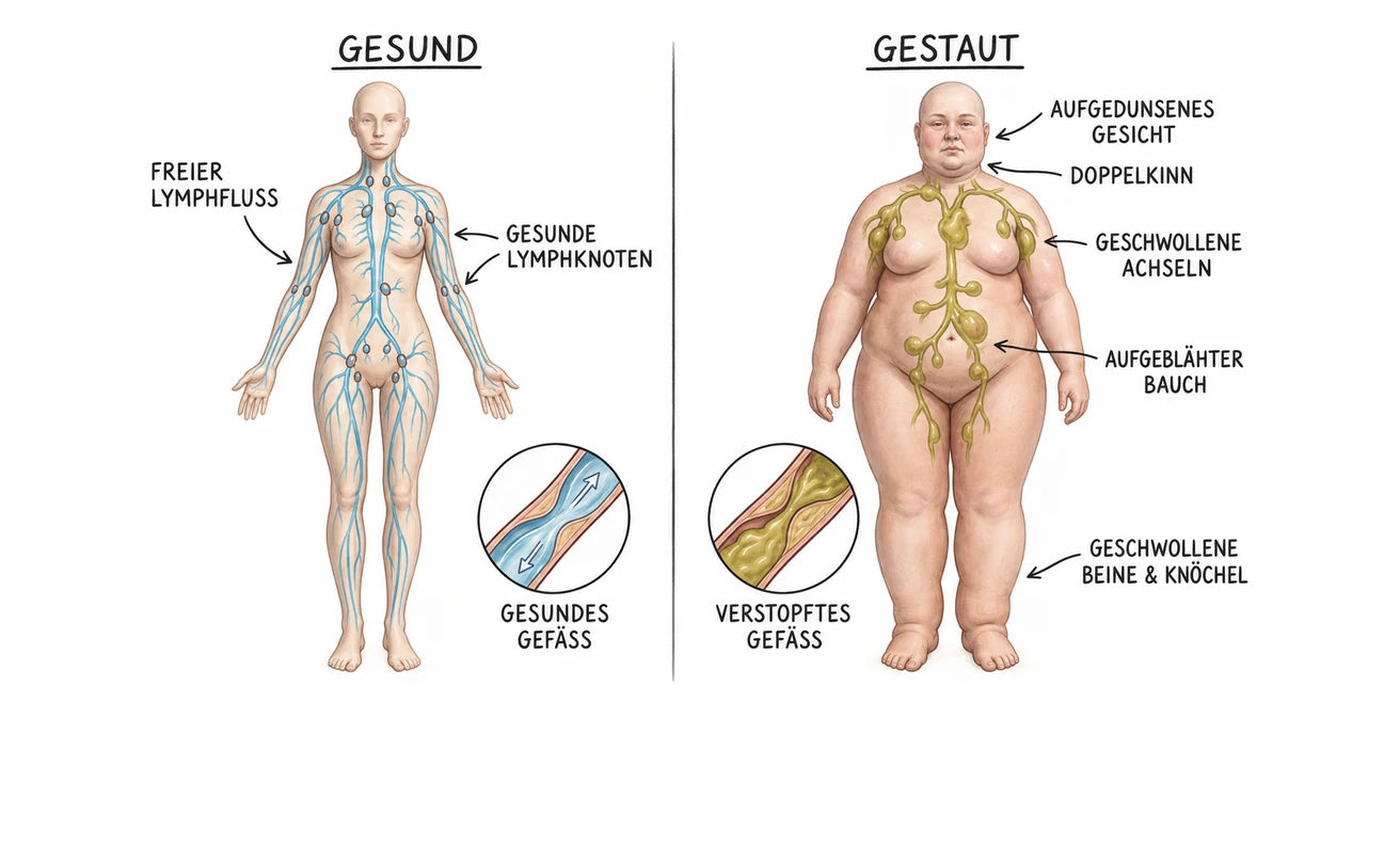 Illustration: gesunder Lymphfluss im Vergleich zu gestauter Lymphe im Körper