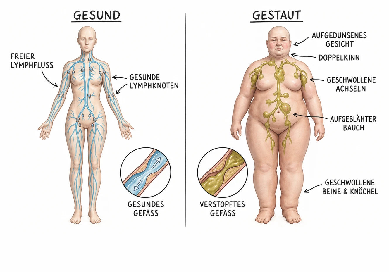 Illustration: gesunder Lymphfluss im Vergleich zu gestauter Lymphe im Körper